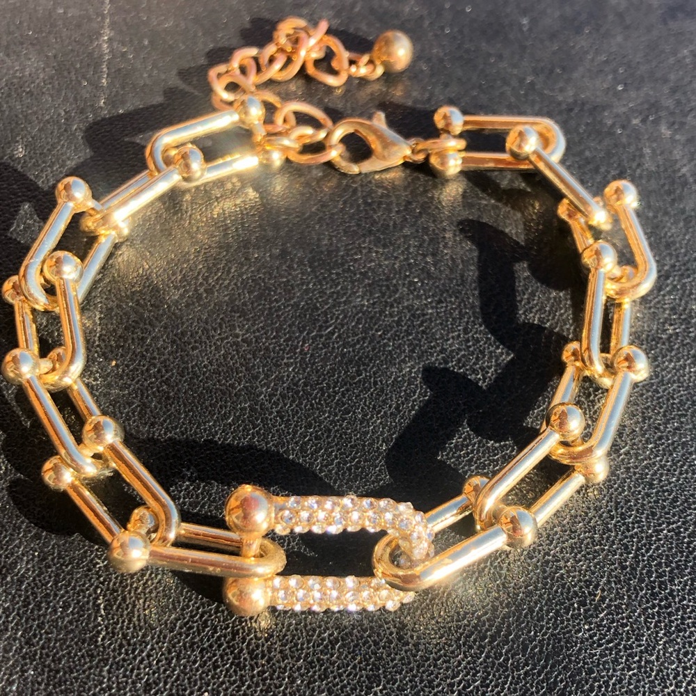 Hardware Gold Tone Chain Rhinestones Pave Link Bracelet Ulink Bling - Picture 3 of 5